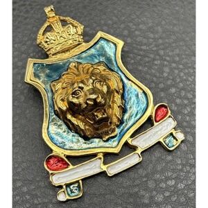 HUGE Accessocraft NYC 80s Vintage Leo Lion Shield Crown Brooch Gold Tone Enamel